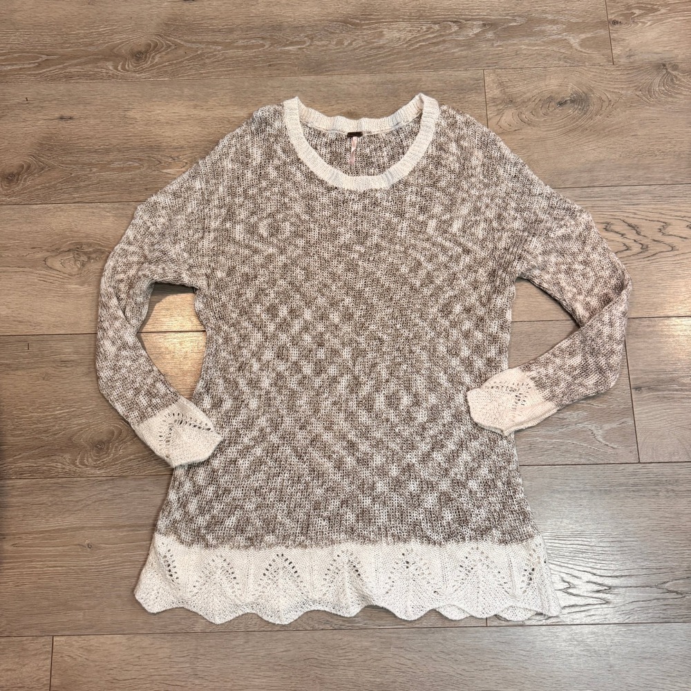 Poof‎ Knit Sweater Beige Crochet Hem Lace Cuffs Size Large L Whimsy